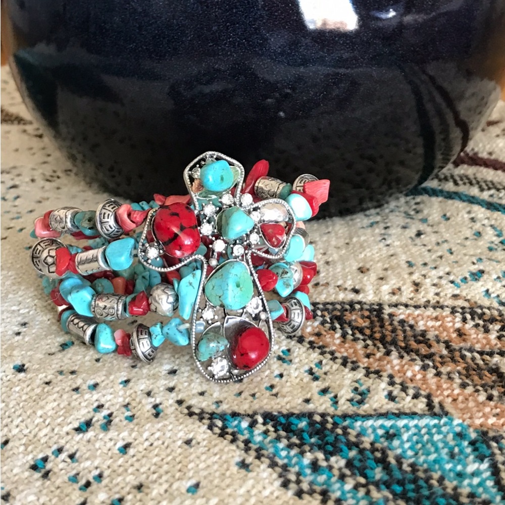 Faux silver, Turquoise, coral beaded stretch bracelet with cross